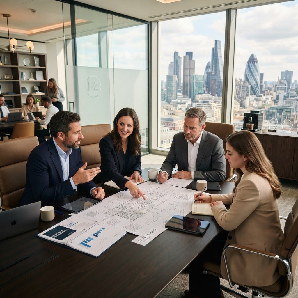 Consultants reviewing project plans in a modern office