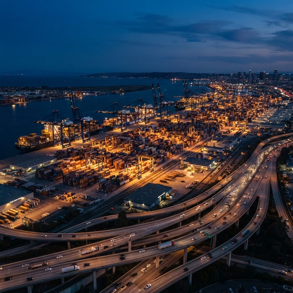 Aerial view of a modern industrial port terminal at dusk